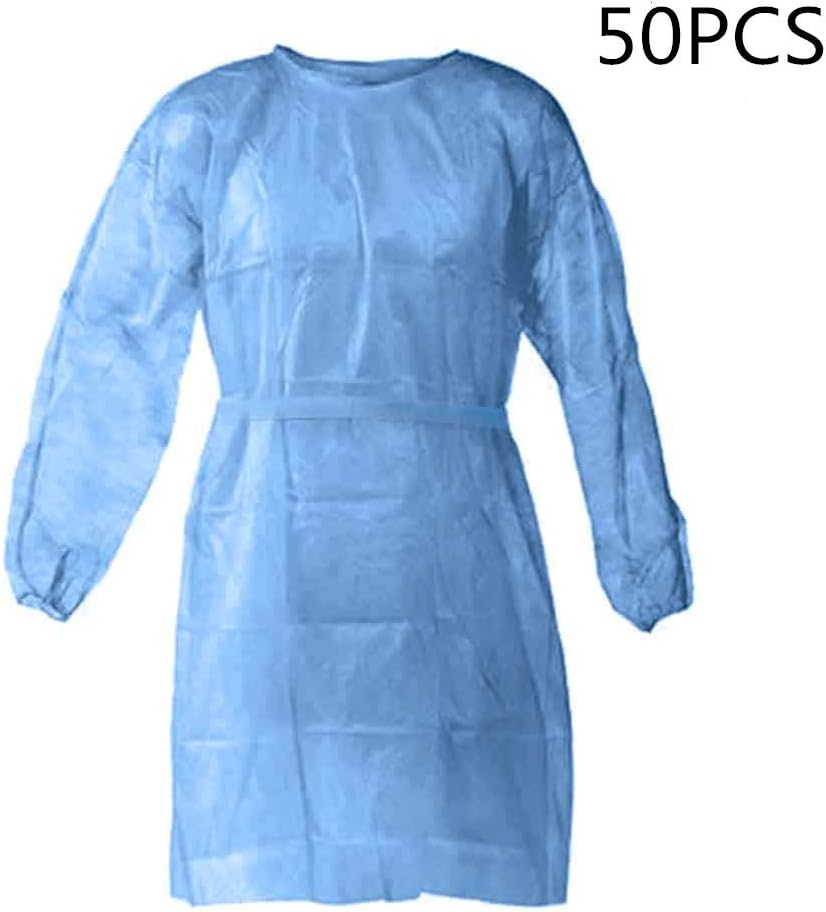Disposable Protective Clothing, Medical Isolation Gowns, Blue Protective Coverall - Elastic Cuffs with Waist and Neck Tie Closures - Non-Sterile Examination Gowns for Women Men (Blue,50PCS)