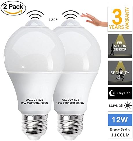 LEDMEI PIR Motion Sensor Security Light Bulb,12W Dusk To Dawn Light Bulb Detector Activated LED Bulb 6000K Cool White E26/E27 1100LM Auto on/off for Yard Porch Patio Garage Socket Light 2 Pack by