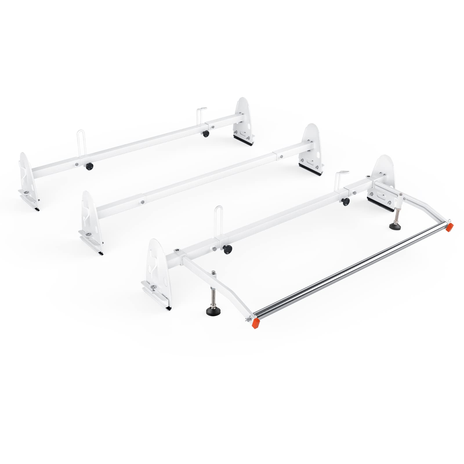 Photo 1 of *HEAVY* AA-Racks Model RX27 Fullsize Steel Three-Bar Van Ladder Roof Racks with Middle Adjustable Bar and Cargo Roller - White