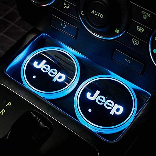 LED Cup Holder Lights, Jeep Accessories Car Logo Coaster with 7 Colors Changing USB Charging Mat, Luminescent Cup Pad Interior Atmosphere Lamp Decoration Light (2 PCS)