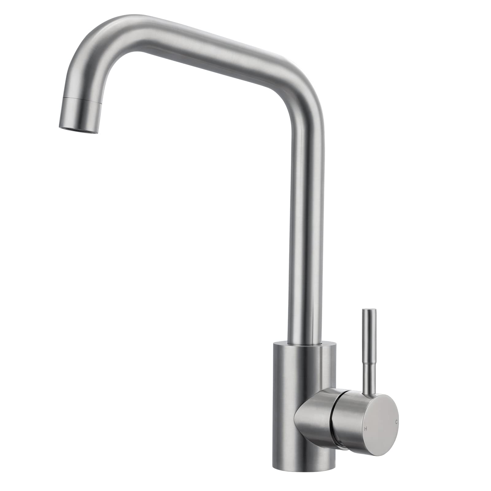 Hapilife Kitchen Tap Brushed Nickel Kitchen Sink Mixer Tap Stainless Steel Rectangle with Swivel Spout, Monobloc L Shaped Single Lever Mixers Sink Faucet with Hoses