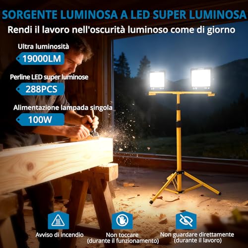 AUTOUTLET Construction Site Spotlight with Extendable Tripod, 2x 100W 19000LM Rechargeable LED Headlight with 3 Colour Temperatures and 5 M Power Cable, IP66 Waterproof, for Garage Workshop and Outdoor
