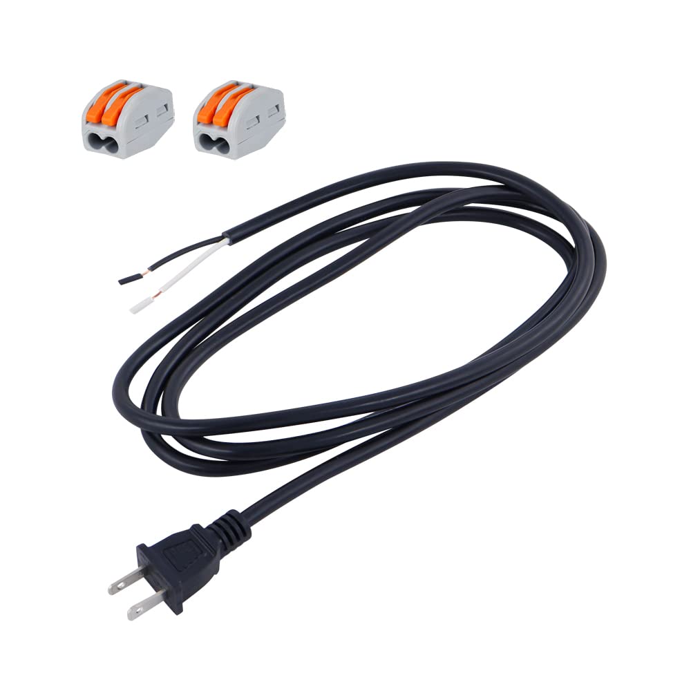 Photo 1 of 18AWG Replacement Power Cord Round Cable 2 Prong Polarized Plug 18 Gauge 120V Power Supply Cord SJT 18AWG 6 Foot Pigtail 2 Wire Stripped Off 10A 1250W Black Cord Open End Wire AC