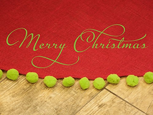 Red burlap christmas tree skirt, apple green pom poms, large appr…