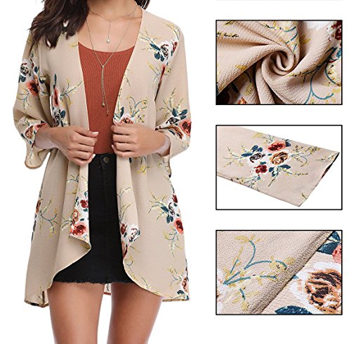 PopStore Women's Floral Print Sheer Kimono Cardigan Capes Chiffon 3/4 Sleeve Patchwork Casual Cover up Blouse Tops - Thumbnail 3