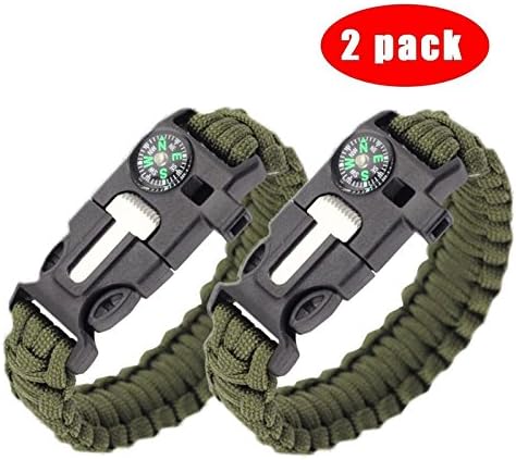 Survival Paracord Bracelet - 5-In-1 Outdoor Paracord Survival Kit: Parachute Cord, Buckle with Compass, Fire Starter, Whistle &amp; Emergency Knife Scraper（pack of 2） (Army Green)