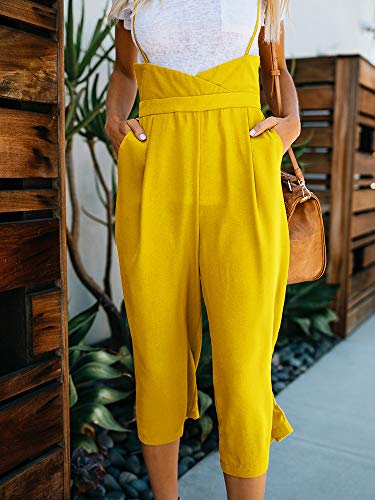 Imysty Womens Spaghetti Strap Jumpsuits Wide Leg Backless Overall Romper Pants with Pockets Yellow