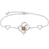 RIVIKO Love Heart Charm Bracelet For Women 925 Sterling Silver With Zirconia Birthstone Bracelets Adjustable Link for Mother Wife Sister Birthday Christmas Day Anniversary Jewelry Gift