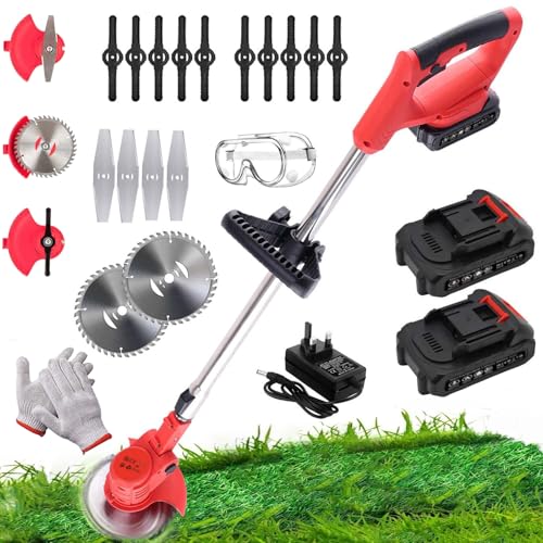 Cordless Strimmer Electric with Battery and Charger, 3-in-1 Electric Grass Trimmer Telescopic Grass Cutter, with 3 types 16 Blades 2 Batteries, for Garden Mowing, Edging, Sawing of Lawn and Shrubs