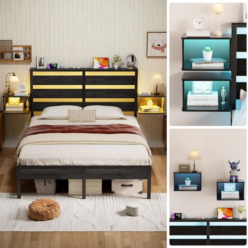 FURRIFIC Cama Matrimonial con 2 Mesitas de Noche Flotantes, Base Matrimonial con Cabecera Almacenamiento, Marco con Luces LED RGB, Estación de Carga, Amplio Espacio Inferior, Estructura de Cama Negra