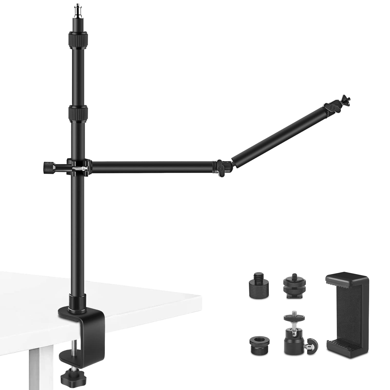 Obeamiu Desk Mount Stand with 27'' Auxiliary Holding Arm, Detachable 2-Section Magic Arm Overhead Light Stand, 16.7-40.1 in Tabletop Stand for DSLR Camera/Fill Light/Live Streaming/Webcam