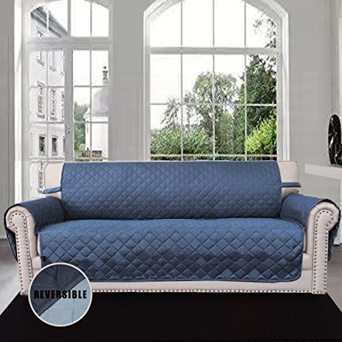 Reversible Quilted Furniture Protector, Improved Anti-Slip Sofa Cover with Elastic Strap and Anti-Slip Foam, Sof