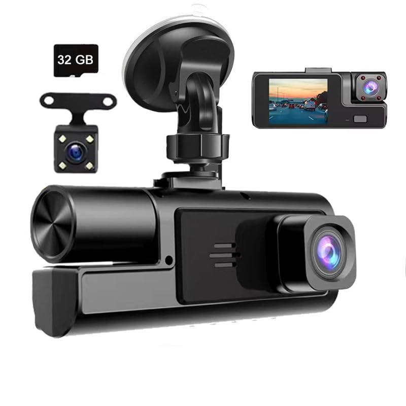 Photo 1 of 1080P 3 Channel Dash Camera for Car Front and Rear Inside Dashcam Car Video Recorder,170°Wide Angle Vehicle Cam,WDR,G-Sensor,2’’ IPS Screen,Loop Recording,Night Vision(3Channel Dash Cam With 32G Card)