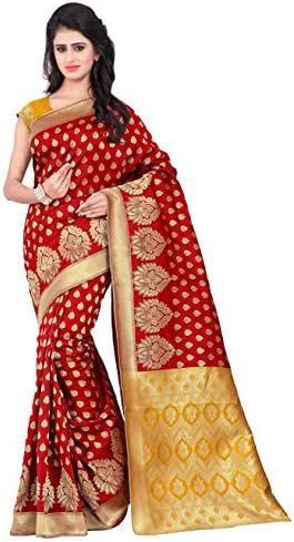 Red and Yellow Colour Banarasi Silk Saree With Unstitched Blouse Piece,Free Size