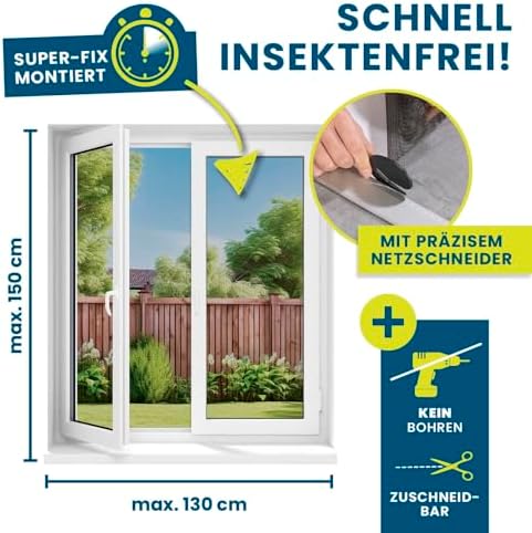 Fenster-Fliegengitter mit innovativer Magnetbefestigung | Fliegennetz bis zu 150 x 130 cm individuell zuschneidbar, kein Bohren oder Schrauben | Moskitonetz anbringen mit 16 Magneten [Schwarz]