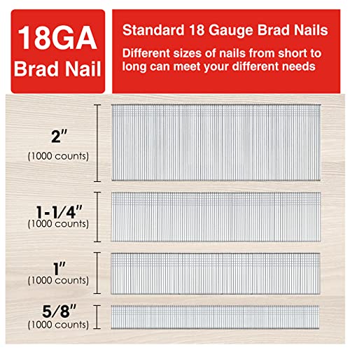 SHALL 18 Gauge Brad Nails, 2”, 11/4”, 1”, 5/8 Inch, 4000Count Galvanized Brad Nails Assorted