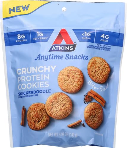 ATKINS ANYTIME SNACKS, BITE-SIZED PROTEIN COOKIES, SNICKERDOODLE, CRISPY & CRUNCHY, 8G PROTEIN, 1G NET CARBS, <1G SUGAR, GOOD SOURCE OF FIBER