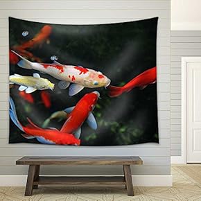 Koi Carps Swimming in The Pond - Fabric Wall Tapestry Home Decor - 51x60 inches