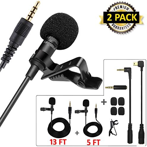 Professional Lavalier Lapel Microphone Kit, QUANFUN 3.5mm Jack Video Recording Mic Clip-on Omnidirectional Condenser Lav Mic for iPhone, iPad,GoPro,DSLR,Camcorder,PC,Smartphones (2PACK, 4M &amp; 1.5M)