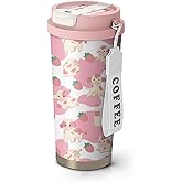 Xchearser 18oz Cute Cow Coffee Mug Travel Cups with Lid and Flip Straw, Pink Stainless Steel Insulated Tumbler Water Bottle with Strap, Gifts for Women Animal Lovers