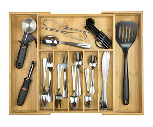 KitchenEdge High Capacity Kitchen Drawer Organizer for Silverware, Flatware and Utensils, Holds 16 Placesettings, 100% Bamboo