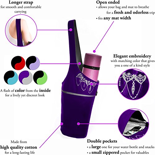 Zenifit Yoga Mat Bag - Elegant & Embroidered Cotton Tote With 2 Pockets | Wide Sling Carrier With Long Strap & 2 Elastic Mat Bands (Imperial Purple & Ash Gray
