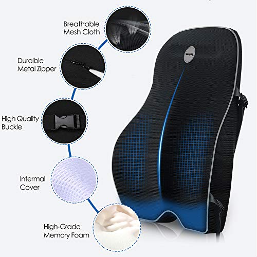 Winjoy Ergonomic Lumbar Support Pillow, 100% Pure Memory Foam Back Cushion with Breathable 3D Back Pillow Design for Lower Back Pain Relief,Durable Adjustable Straps for Chair/Recliner/Car Seat