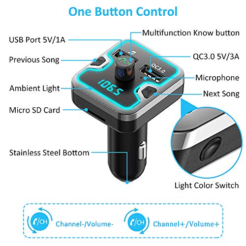Bluetooth FM Transmitter for Car, Comsoon 7 Colors LED Backlit Bluetooth Car Adapter, Bluetooth Receiver Car Kit with Hands-Free Calling, QC3.0 Car Charger, Support USB Disk, microSD Card (Black)