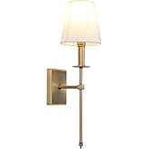 PERMO Single Classic Rustic Industrial Wall Sconce Lighting Fixture with Flared White Textile Lamp Shade and Antique Brass Ta
