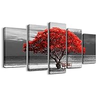 5 piece canvas wall art for living room Decorations Photo Prints - Black and white red tree The scenery moon Landscape - Modern Home Decor The room Stretched and Framed Ready to Hang artwork