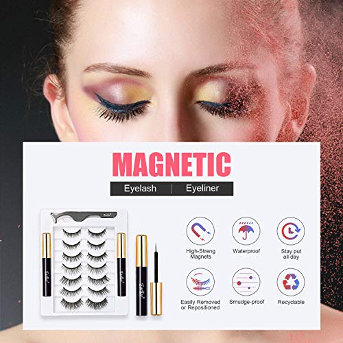 EARLLER 7 Pairs Magnetic Eyelashes with Eyeliner Kit, Natural Look and Fluffy Volume Faux Mink False Lashes - Easy to Apply and No Glue Needed, Reusable Short and Long Lashes Set
