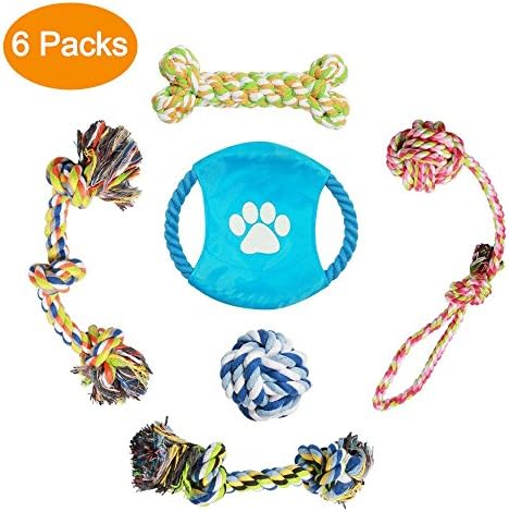 ADOGO 6 Pack Dog Toys Training Dog Jump Rope Puppy Chew Toys Teething Natural Cotton Ropes Dog Toys for Small Dogs and Medium Pet