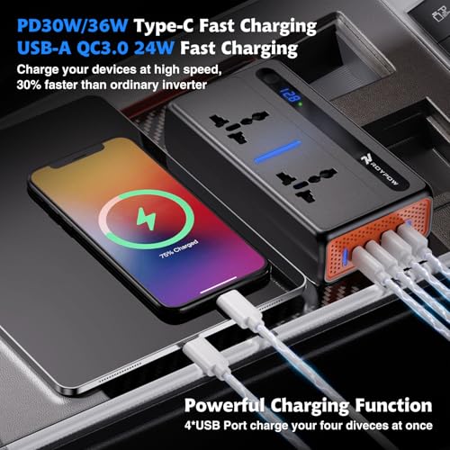 RoyPow 300W Car Power Inverter, DC 12V to 220V AC Power Inverter with Cigarette Lighter Port, Car Plug Adapter Outlet with 3.4A USB-A, QC3.0 24W, PD 30W, PD 36W, Dual AC Outlets (300W)