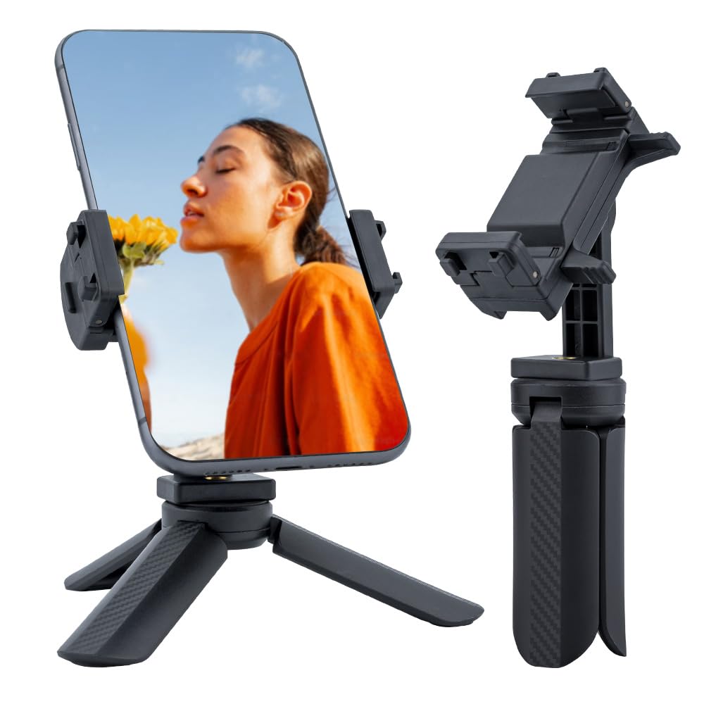 Photo 1 of Mini Tripod with Universal Phone Holder & Dual Cold Shoe – Lightweight Phone Stand Compatible with iPhone 16 Pro Max, GoPro, Webcam, Mini Projector – Portable Travel Tripod