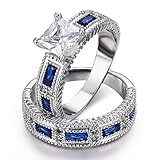 LAVUMO Bridal Set Princess Cut Simulated Blue Sapphire CZ Promise Engagement Wedding Ring Sets for Women Rhodium Plated Size 6 7 8 9