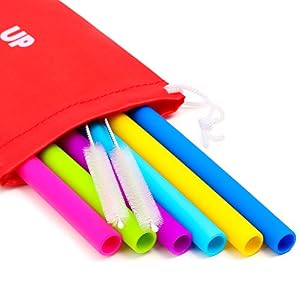Image of Big Reusable Straws for Smoothies and for 30 oz Tumbler Yeti/Rtic - 6 Straight Wide Reusable Straws + 2 Brushes + 1 Red Storage Pouch - Reusable Drinking Straws Set - Silicone Straws Bundle