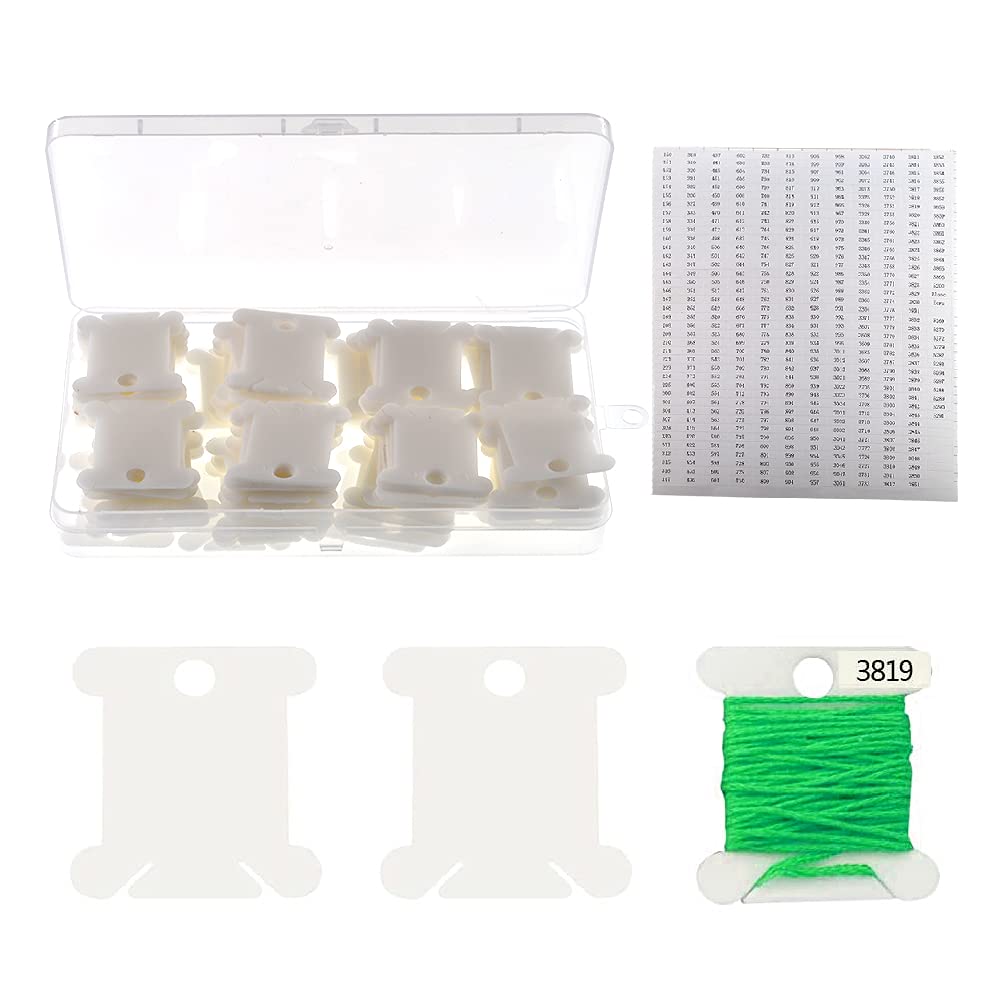 YIXISI 100 PCS Plastic Floss Thread Bobbins, Embroidery Floss Cross Stitch Organizer, with Storage Box & Number Stickers, Embroidery Floss Bobbins Card, for Cotton Thread Sewing Storage, White
