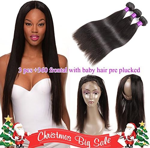 360 Lace Frontal Closure with Bundles Pre Plucked with Baby Hair 8A Malaysian Virgin Hair Straight With 360 Frontal Closure 100% Human Hair With Lace Frontal (20 20 20+18(360), Natural Color #1B)