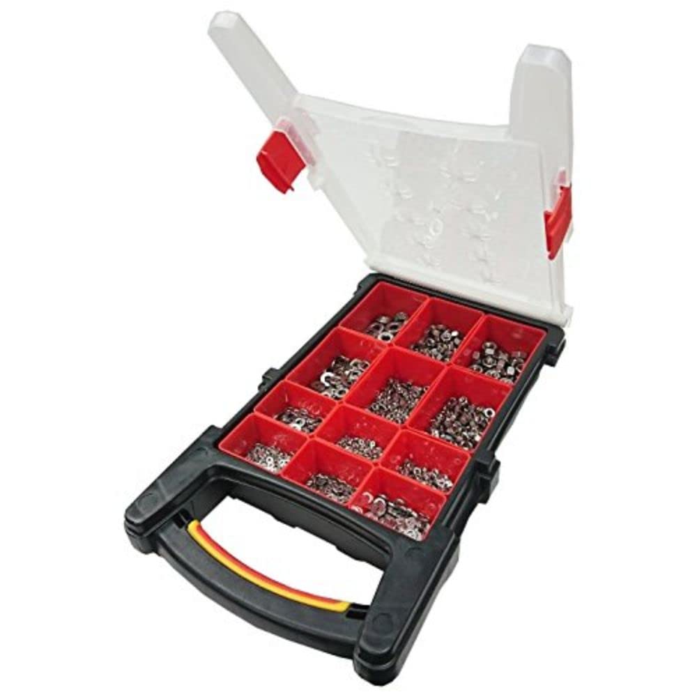 Merriway BH06624 (1000 Pcs) Assortment of BZP Flat Steel Washers & Hex Nuts in a 12 Compartment Carry Case - Pack of 1000 Pieces