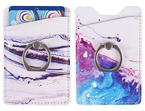 2Pack PU Adhesive Phone Pocket with Ring,Cell Phone Stick On Card Wallet Sleeve,Credit Cards/ID Card Holder Double Secure with 3M Sticker for Back of iPhone,Android Smartphones-Sand Marble Purple Ring
