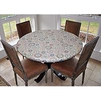 Covers For The Home Elastic Edged Flannel Backed Vinyl Fitted Table Cover - Multi-Color Geometric Pattern - Large Round - Fits Tables up to 45″ - 56" Diameter