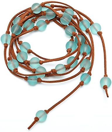 Ocean Blue Scrub Glass Beads with Light Brown Korean Suede Cord Long Necklace 78"