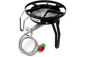COOKAMP High Pressure Banjo Single Burner Outdoor Propane Burner Gas Stove with 0-20 PSI Adjustable Regulator and Steel Braided Hose SA1150