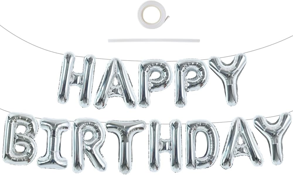 Toniful 16 Inch Happy Birthday Foil Balloon Banner Silver Letters