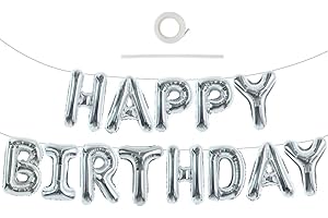 TONIFUL 16 Inch Silver Happy Birthday Balloons Banner, Foil Letters Sign, Mylar Balloons, Bunting Reusable Ecofriendly Materi