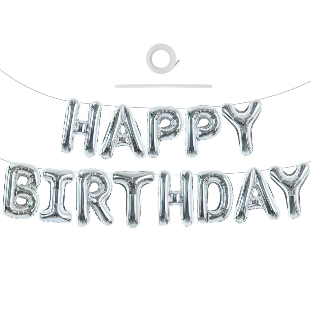 TONIFUL 16 Inch Letter Balloons Silver Happy Birthday Banner, 16 Inch Mylar Foil Letters Sign Bunting Reusable for Girls Boys Kids & Adults Birthday Decorations Party Supplies