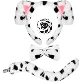 Dalmatian Ears Headband Set with Realistic Dog Ears&Tail Nose Bow Tie,Dog Costume Accessories Kit for Adult Halloween Custume,Animal Cosplay,Party,Dress Up( 4pcs,White & Black)