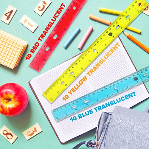 Ruler 12 Inch (30-Pack) - Bulk Rulers for Kids in Colorful Box - Individually Wrapped - Translucent Flexible Plastic - For School Teachers Students Class - Keep in 3 Ring Binder - Inches/Centimeters