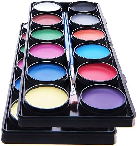 Face Paint Kit for Kids – 2 Pack, 12 Large Washable Paints, Stencils, 3 Brushes, Safe Kids Facepainting for Sensitive Skin, Professional Facepaints - Halloween Makeup Kit Body Paint Supplies (2 Pack)