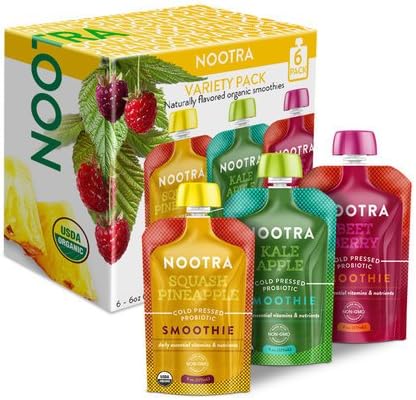 Nootra Probiotics - USDA Organic Cold Pressed Vegan Probiotic Smoothie Packed with Non GMO Fruit and Veggies. Kids and Adult Approved 6oz Squeeze Pouches for Easy Drinking On-the-Go (6 Pack - Variety)